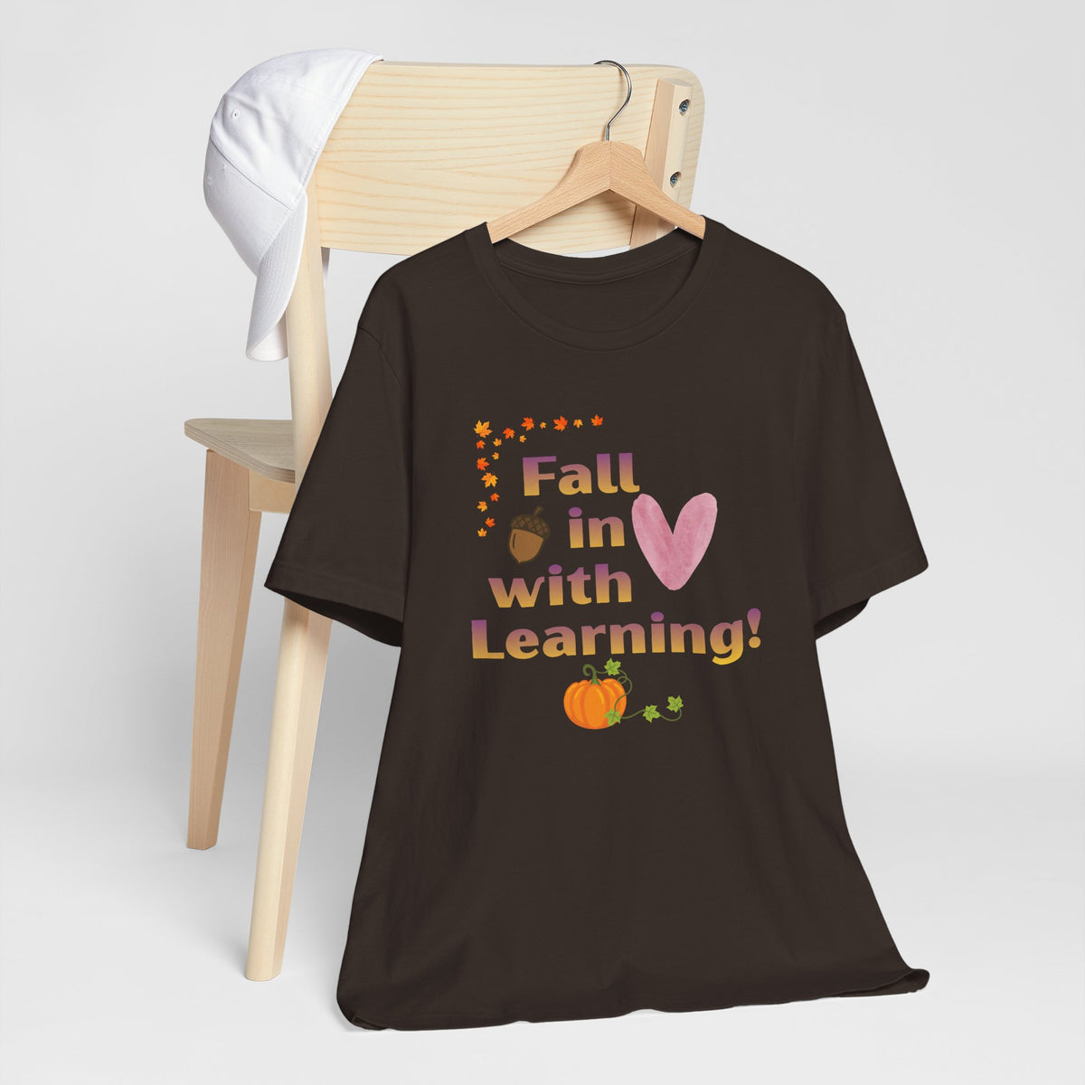 Fall in Love with Learning T-Shirt — Cute Autumn Teacher Tee with Pumpkin & Acorn Design
