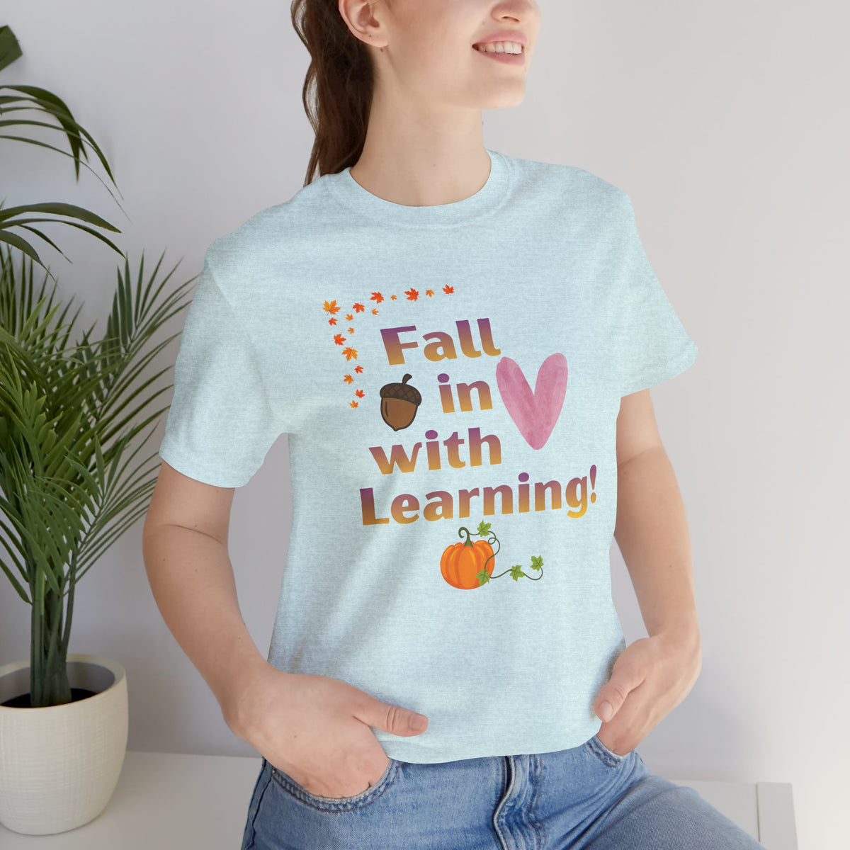 Fall in Love with Learning T-Shirt — Cute Autumn Teacher Tee with Pumpkin & Acorn Design