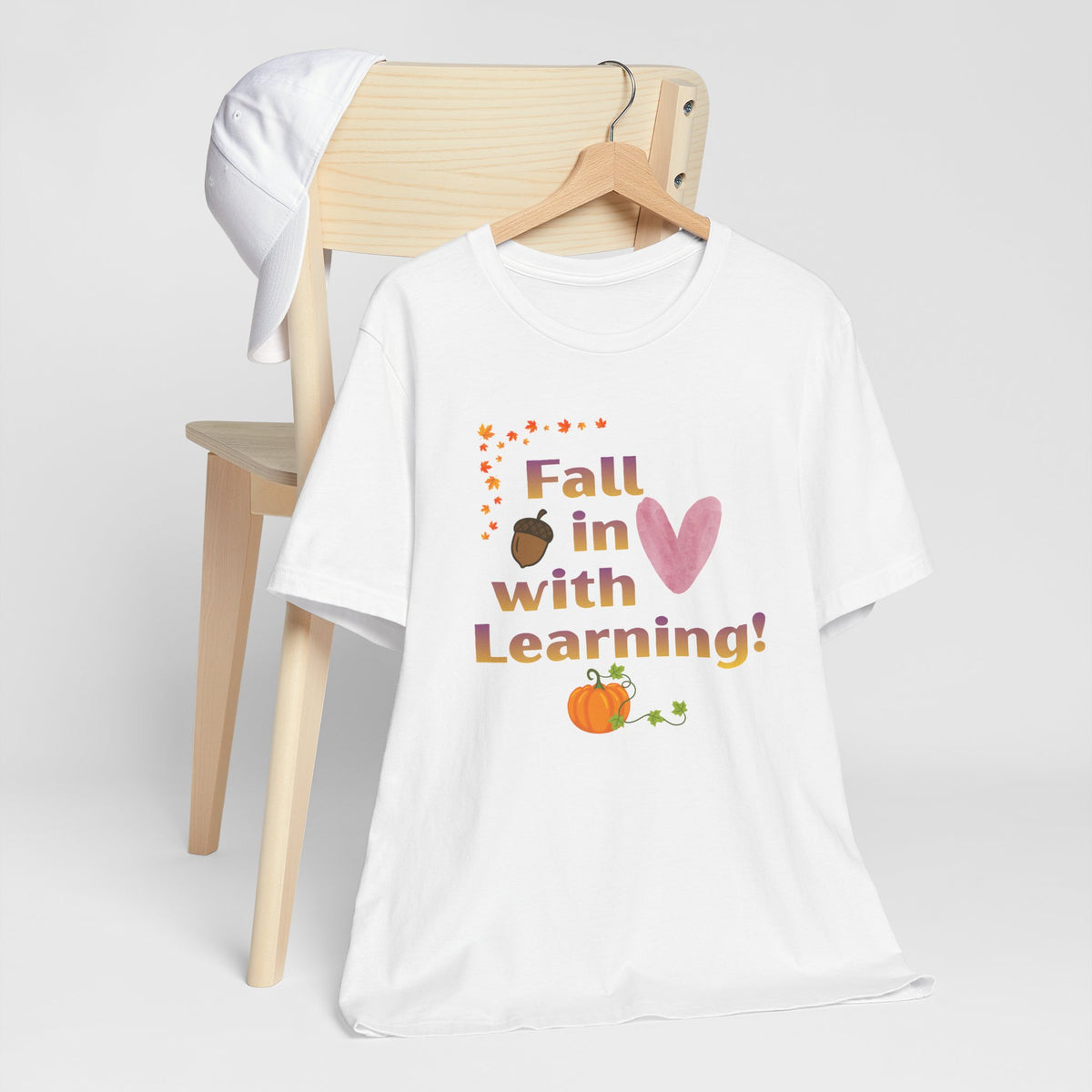 Fall in Love with Learning T-Shirt — Cute Autumn Teacher Tee with Pumpkin & Acorn Design