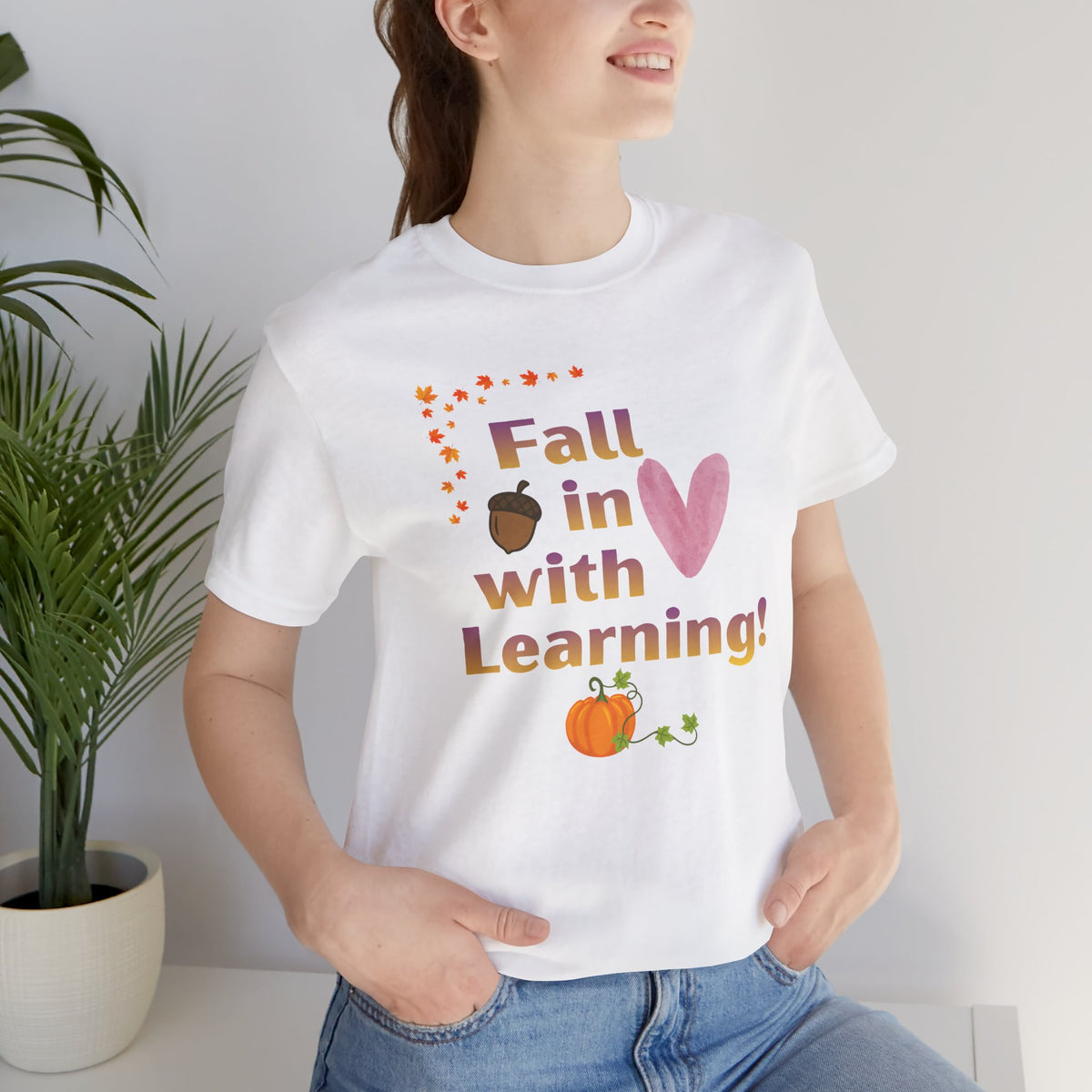 Fall in Love with Learning T-Shirt — Cute Autumn Teacher Tee with Pumpkin & Acorn Design