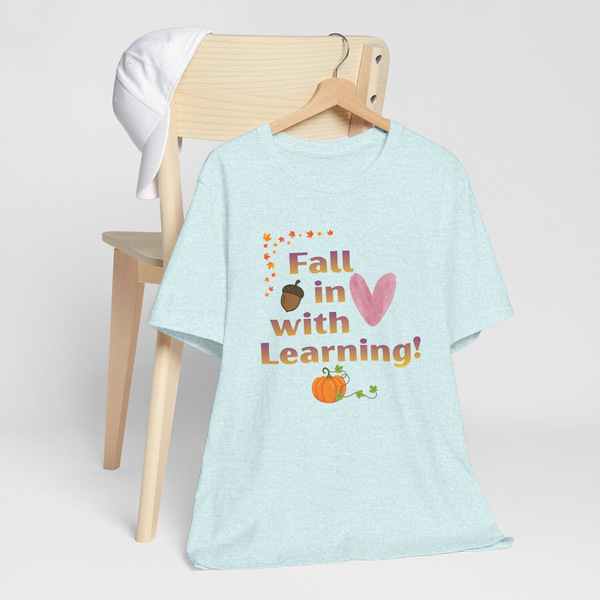 Fall in Love with Learning T-Shirt — Cute Autumn Teacher Tee with Pumpkin & Acorn Design