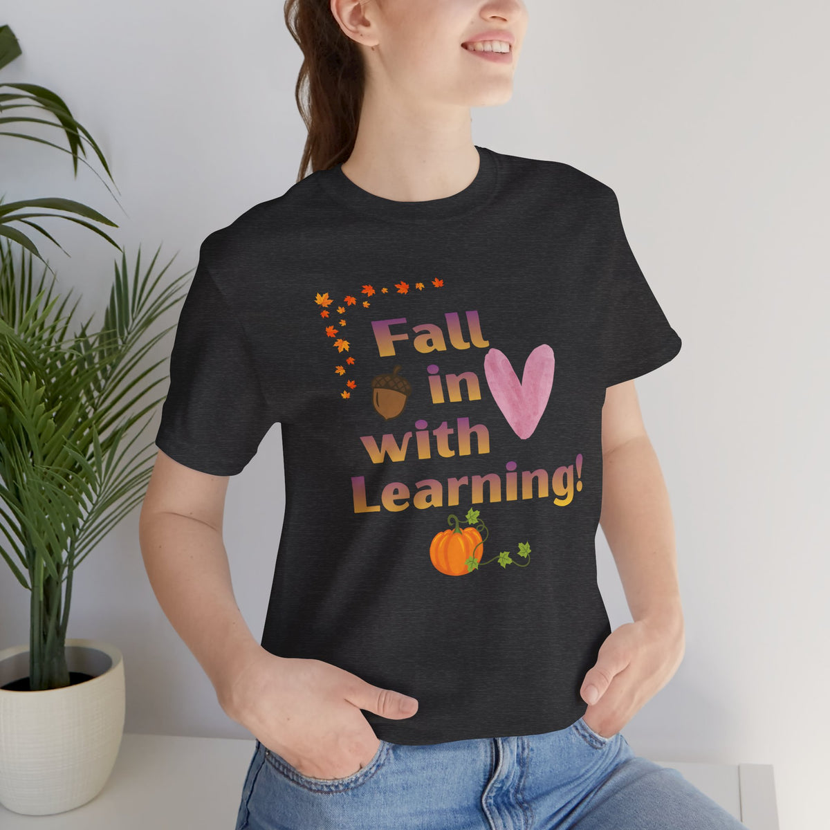 Fall in Love with Learning T-Shirt — Cute Autumn Teacher Tee with Pumpkin & Acorn Design