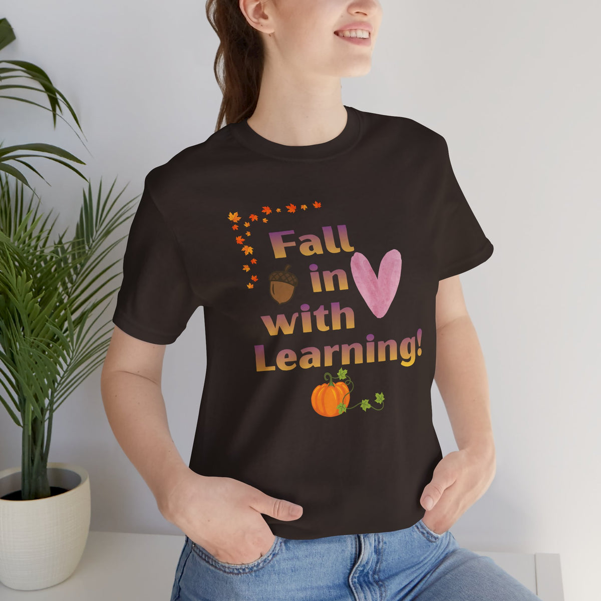 Fall in Love with Learning T-Shirt — Cute Autumn Teacher Tee with Pumpkin & Acorn Design