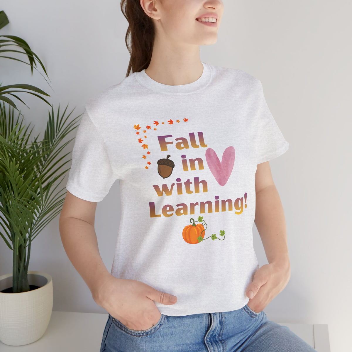 Fall in Love with Learning T-Shirt — Cute Autumn Teacher Tee with Pumpkin & Acorn Design