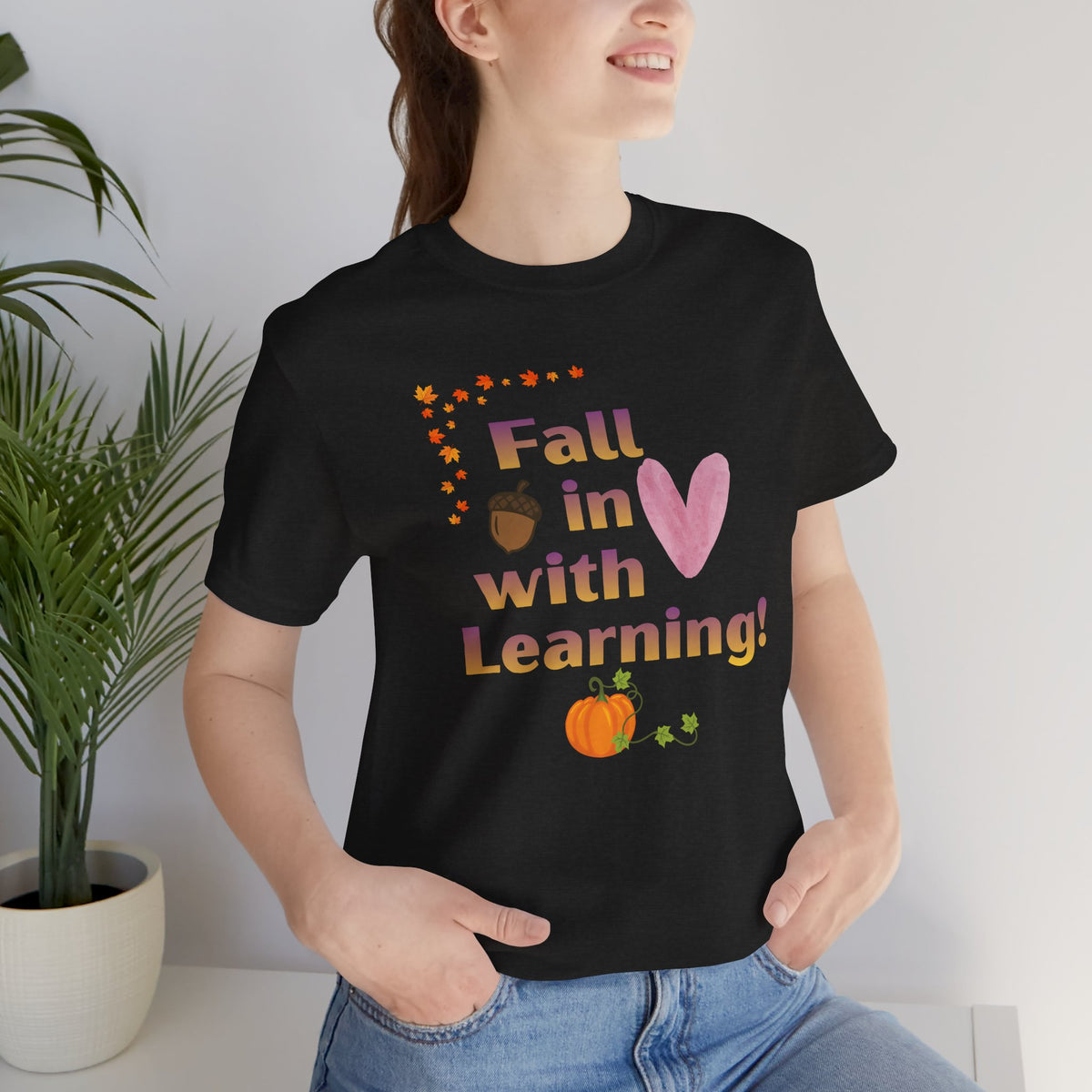 Fall in Love with Learning T-Shirt — Cute Autumn Teacher Tee with Pumpkin & Acorn Design