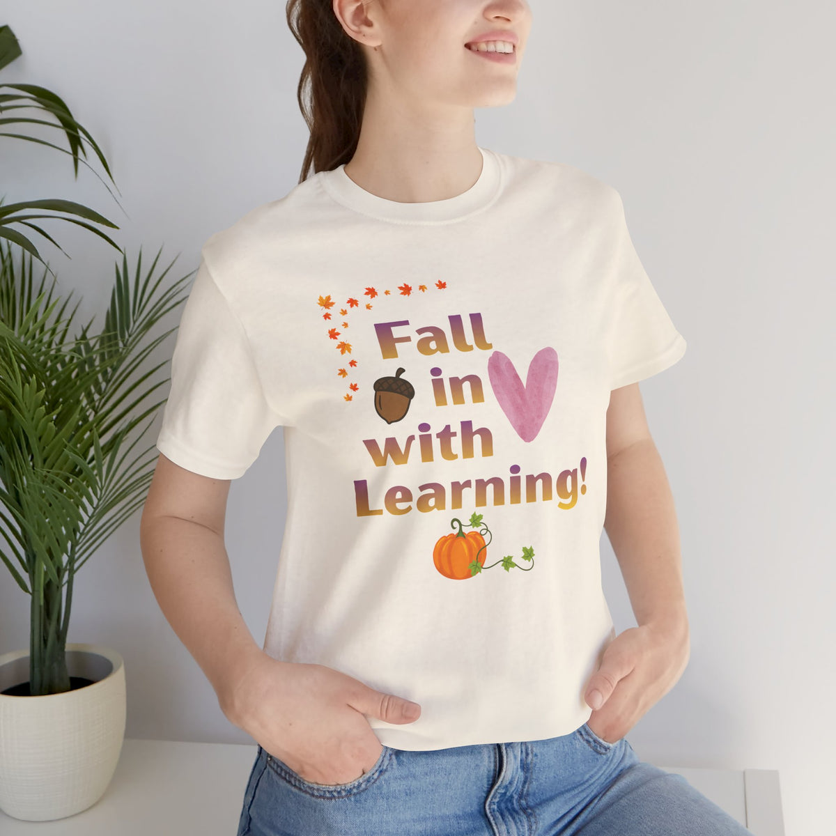 Fall in Love with Learning T-Shirt — Cute Autumn Teacher Tee with Pumpkin & Acorn Design