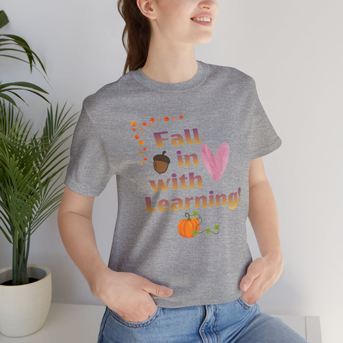 Fall in Love with Learning T-Shirt — Cute Autumn Teacher Tee with Pumpkin & Acorn Design