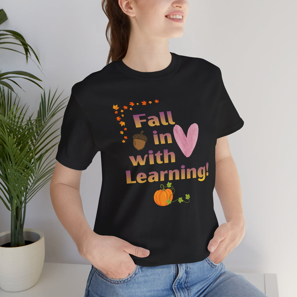 Fall in Love with Learning T-Shirt — Cute Autumn Teacher Tee with Pumpkin & Acorn Design