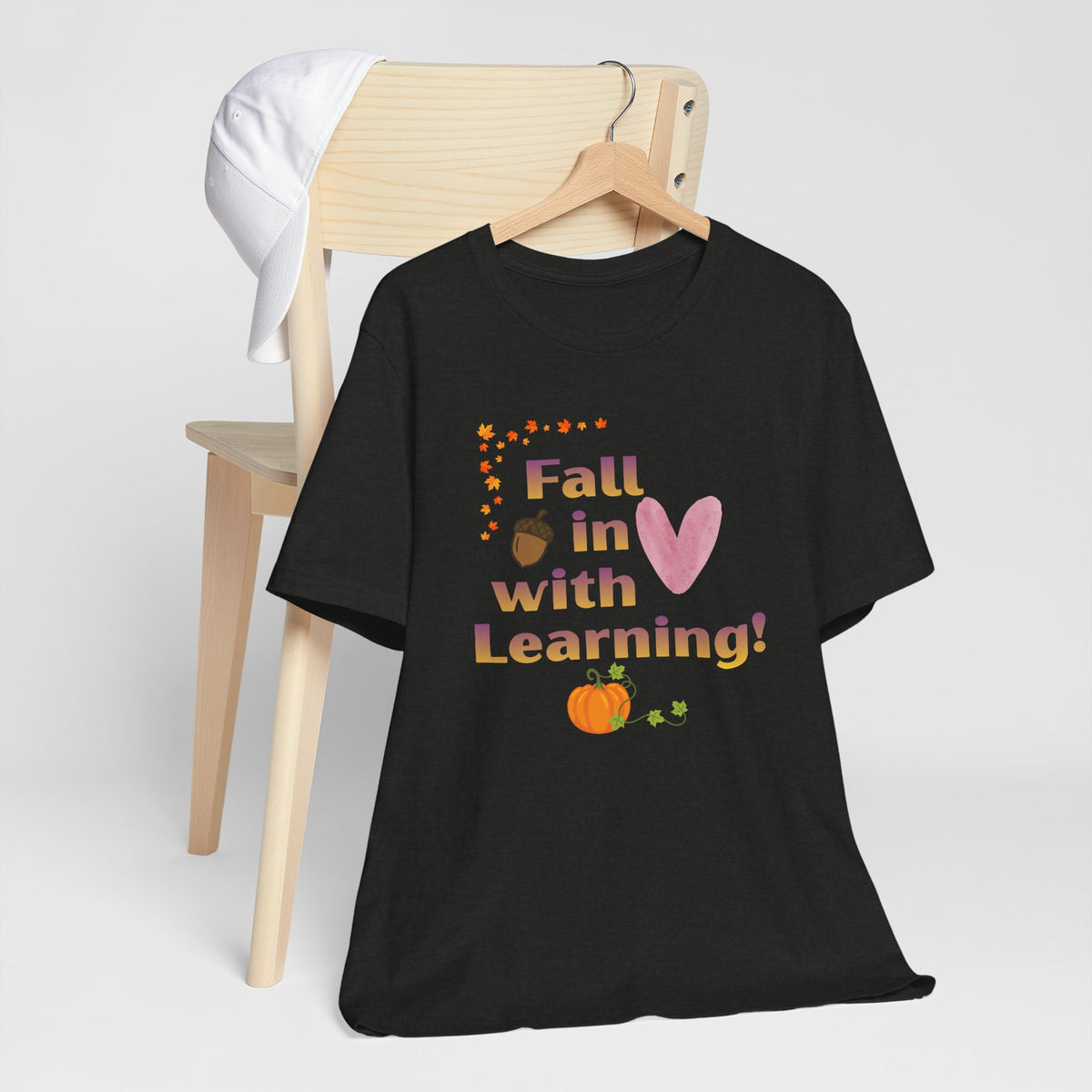 Fall in Love with Learning T-Shirt — Cute Autumn Teacher Tee with Pumpkin & Acorn Design